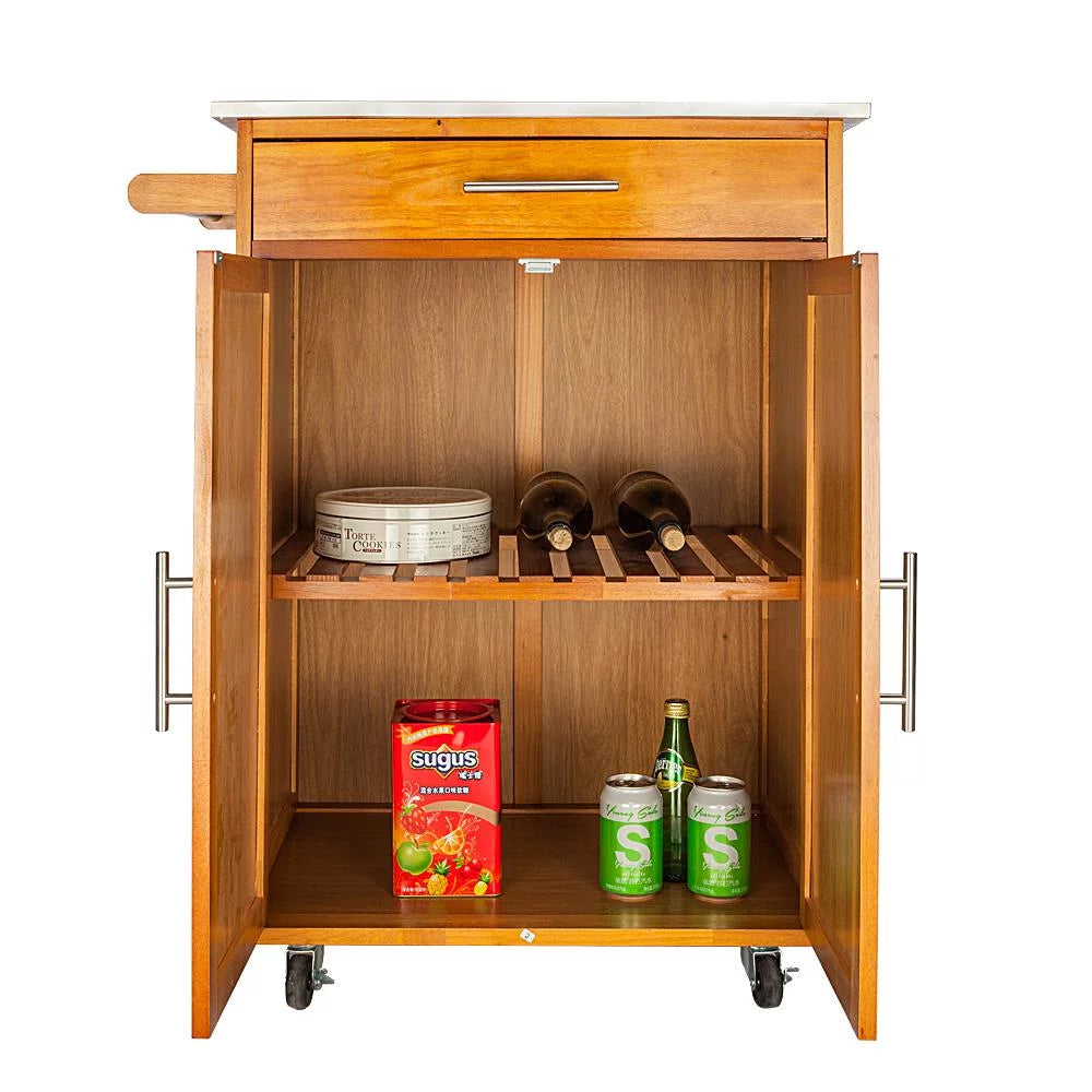 Wood Kitchen Cart with Stainless Steel Top and Storage Cabinet D28933