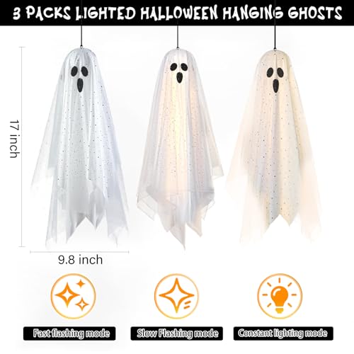 3 Pack 12" Lighted Hanging Ghost Halloween Decorations with Sheer Gauze A2629
