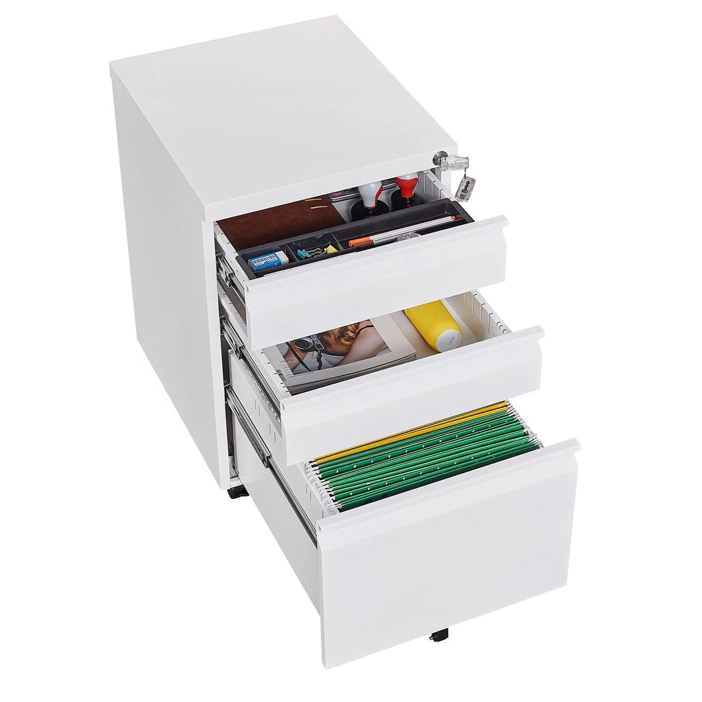 3 Drawer White Mobile File Cabinet with Lock W51841