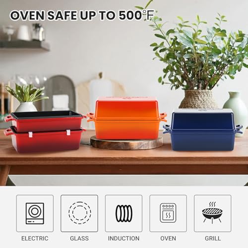 9x5 Inch Enameled Cast Iron Bread Loaf Pan with Lid, 2 Piece Set, Red J463147