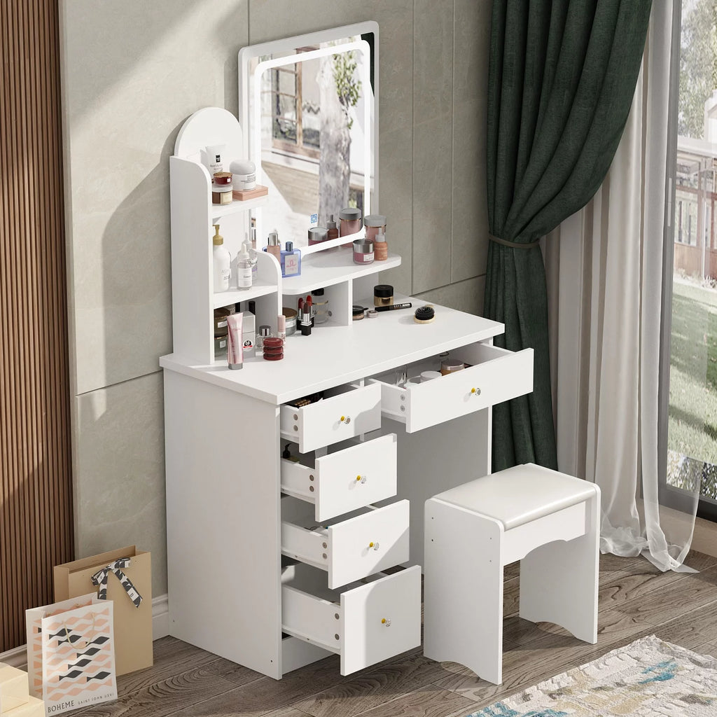 White Makeup Vanity Set with LED Light Mirror Stool K681