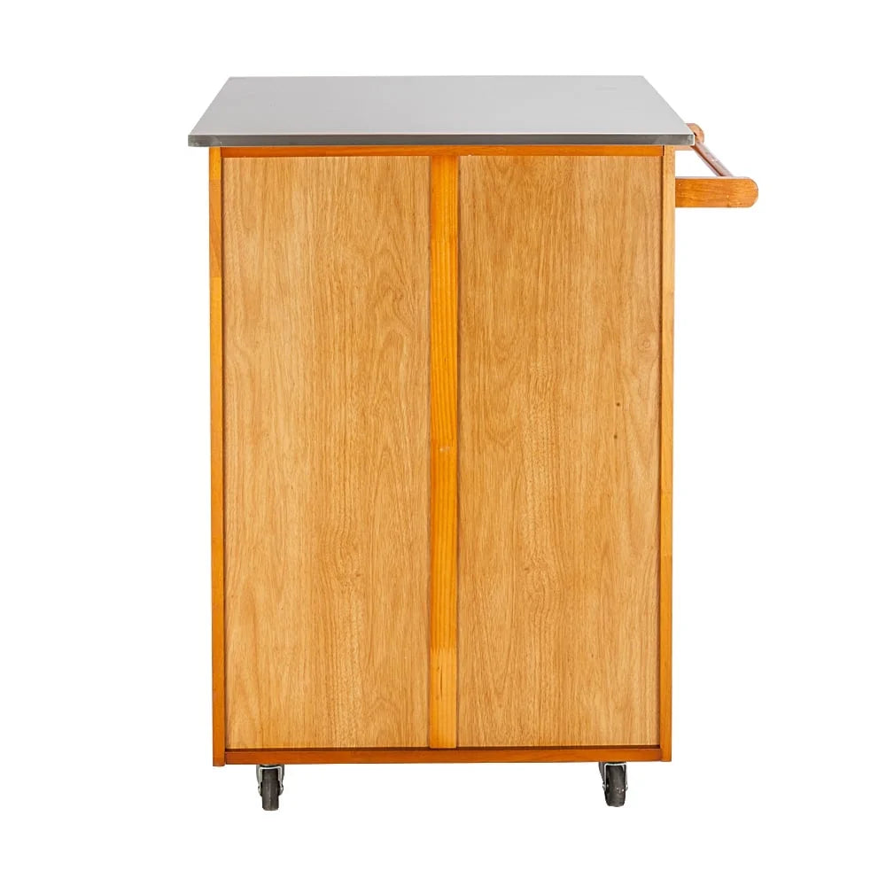 Wood Kitchen Cart with Stainless Steel Top and Storage Cabinet D28933