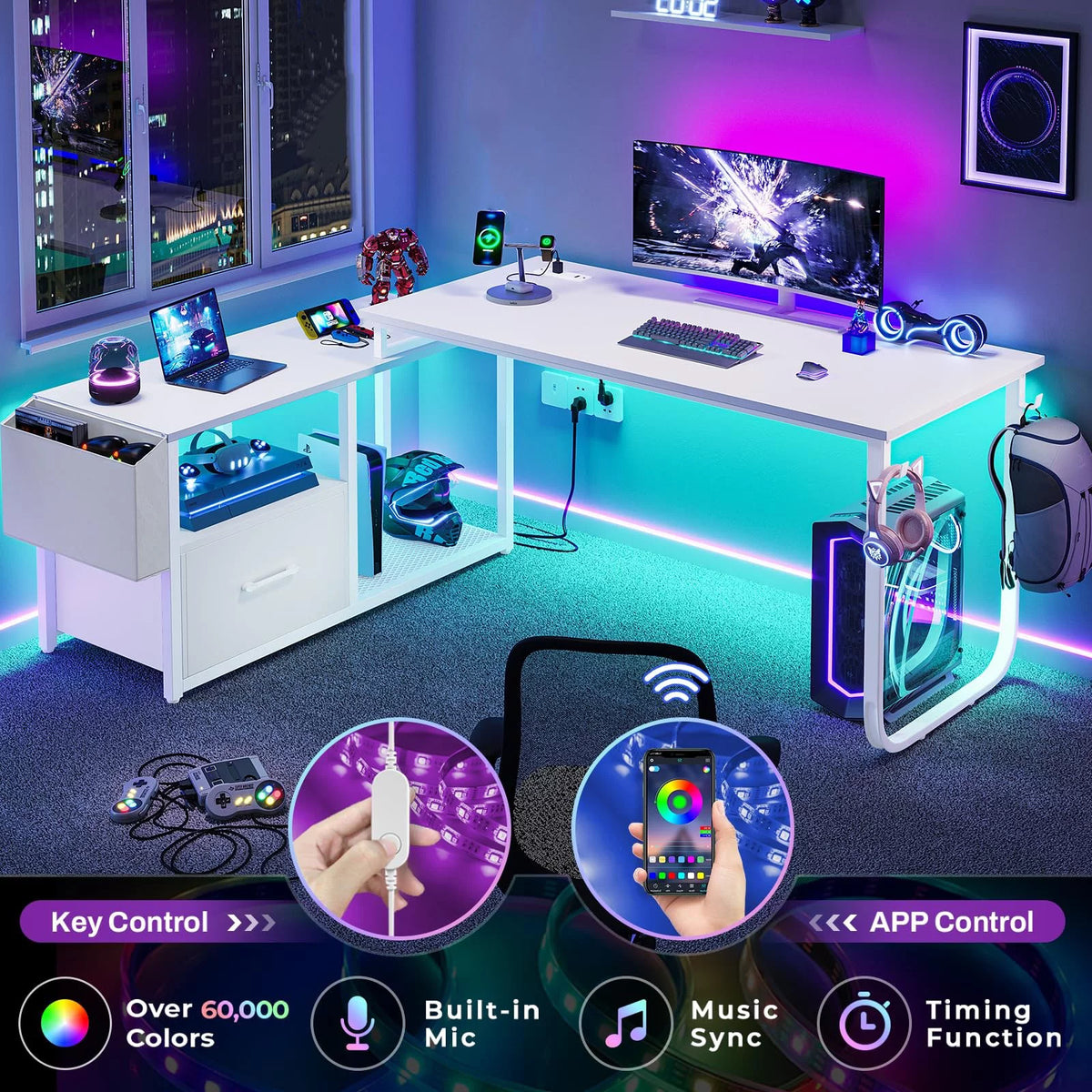 L Shaped Desk with LED Light and Power Outlet S73628