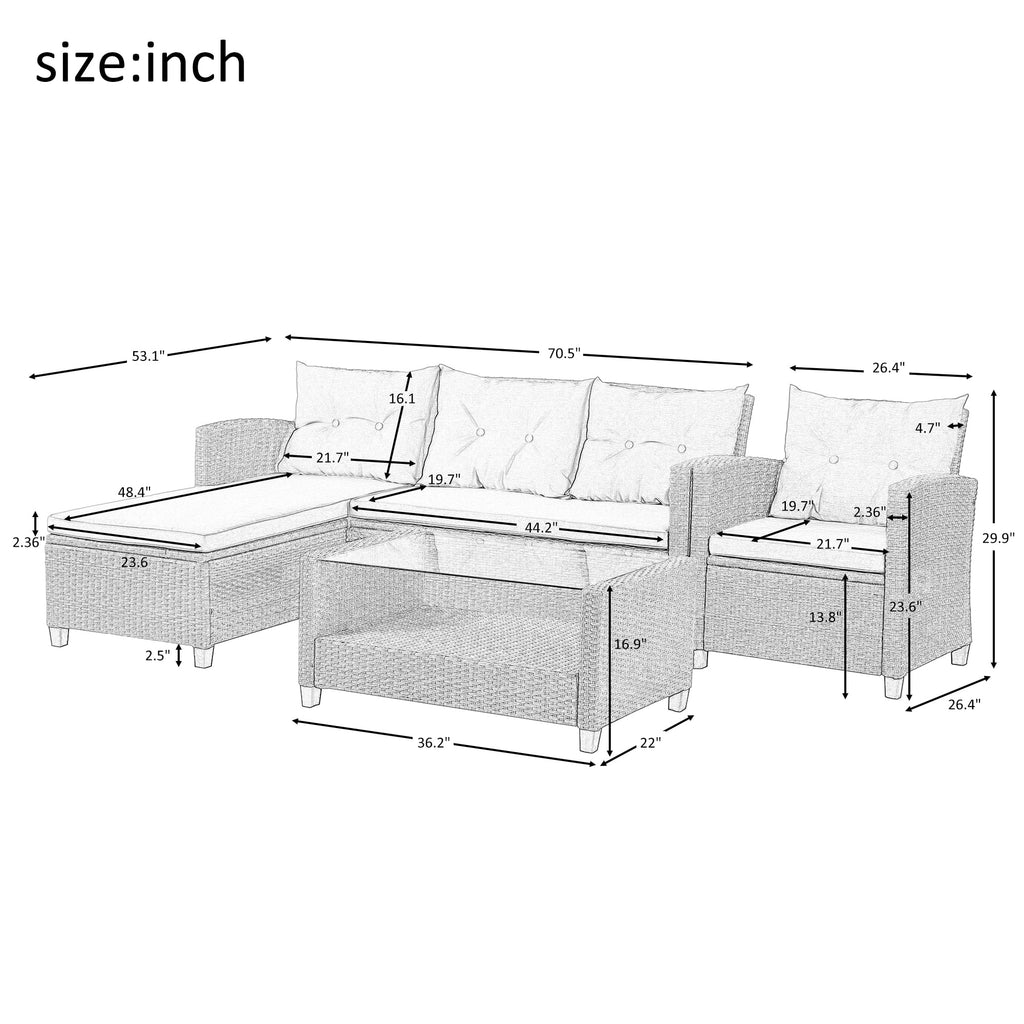 4 Piece All-Weather Wicker Patio Sectional Sofa Set with Cushions I829066