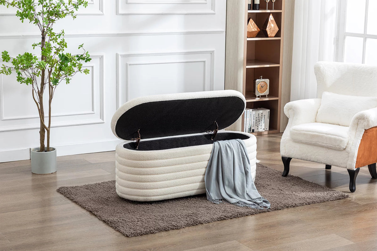 White Upholstered Faux Fur Storage Ottoman Bench G348532
