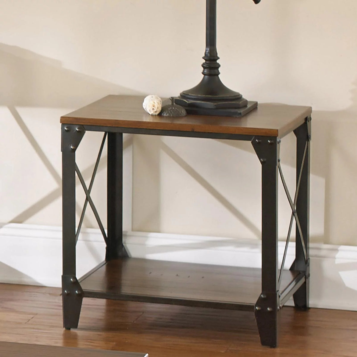 Square End Table Distressed Tobacco Brown Metal Frame M63568