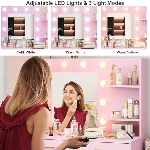Black Vanity Desk with Mirror and Lights, 8 Storage Drawers U307