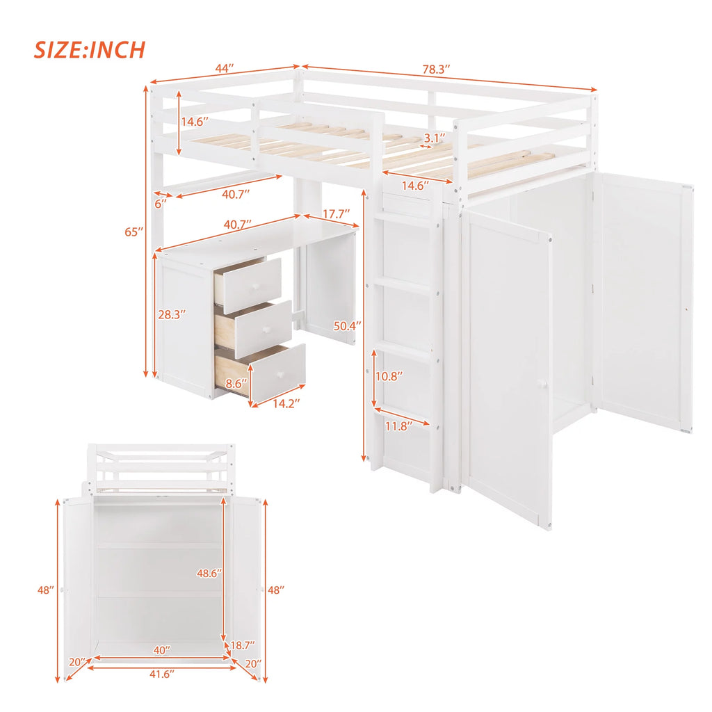 White Twin Size Wooden Loft Bed with Drawers, Desk, Wardrobe, Ladder & Safety Rails Z5715