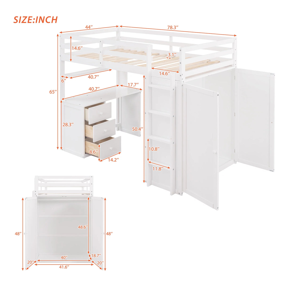 White Twin Size Wooden Loft Bed with Drawers, Desk, Wardrobe, Ladder & Safety Rails Z5715