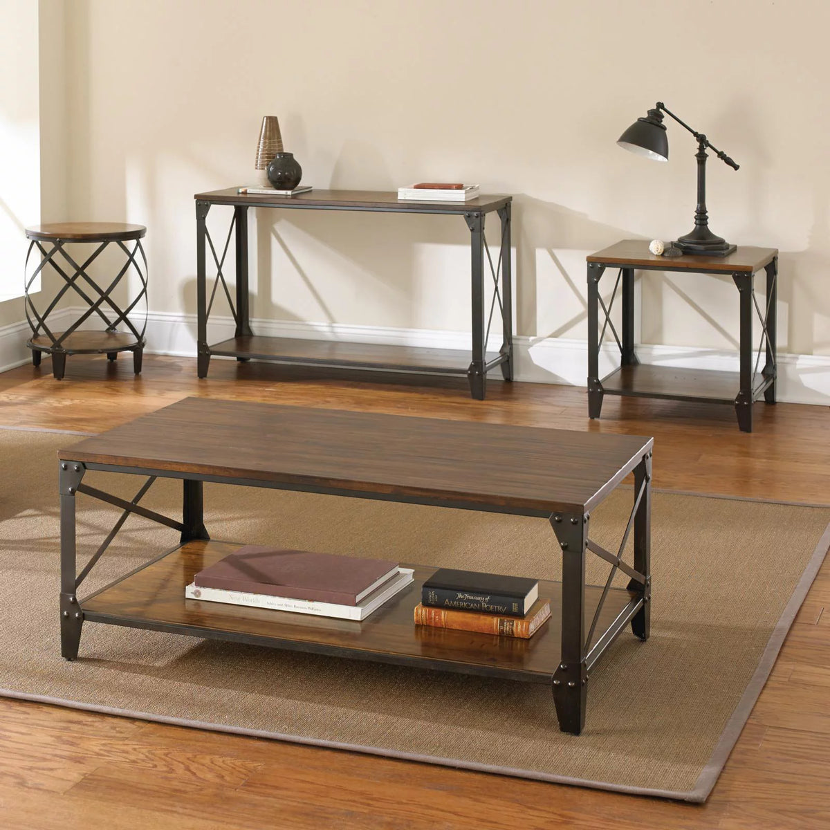 Square End Table Distressed Tobacco Brown Metal Frame M63568