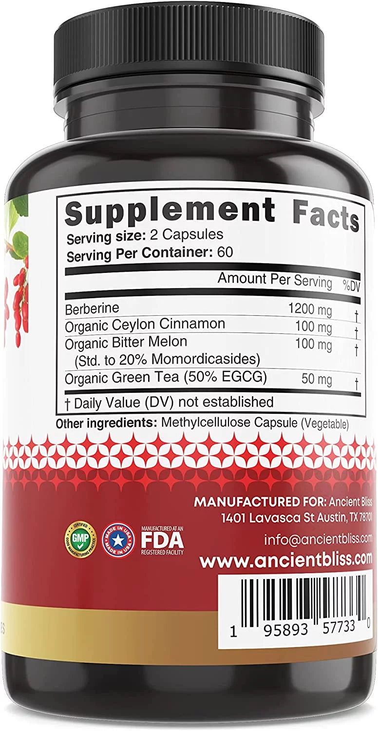 Berberine HCL 1200mg with Ceylon Cinnamon, Bitter Melon, Green Tea Extract 120 Capsules H7504