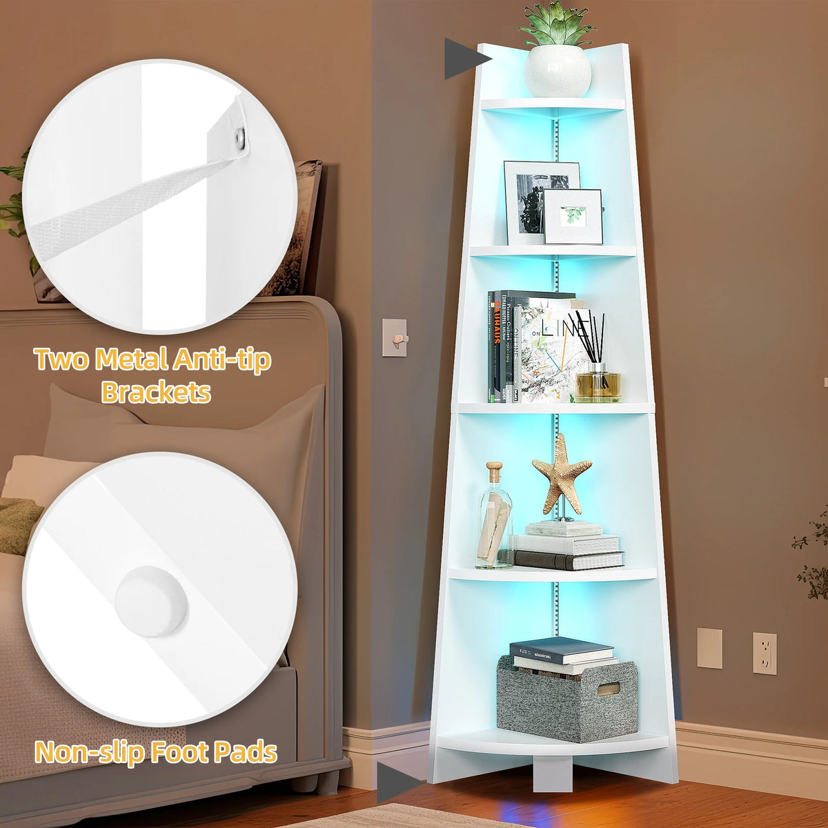 White 5 Tier Corner Shelf with Led Light X55839