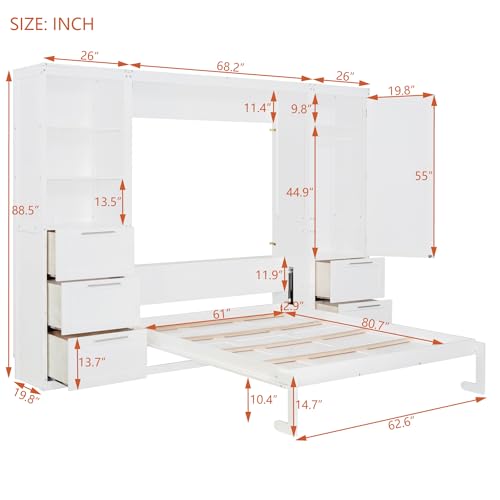 Queen Size White Murphy Bed with Drawers and Shelves P821