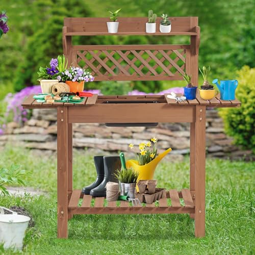 Brown Wooden Potting Bench Table V47830