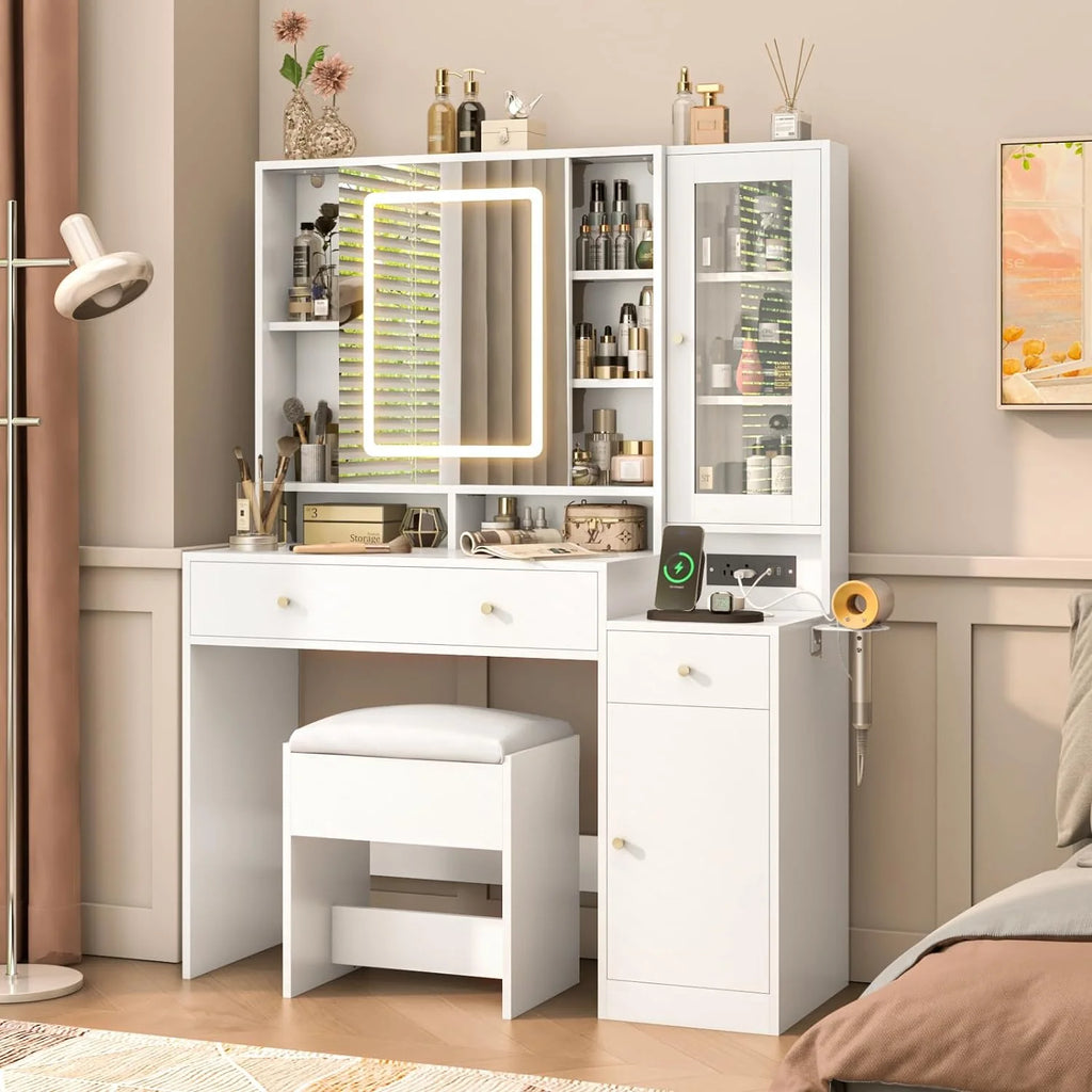 White Vanity Desk with Sliding Mirror and Lights M296920