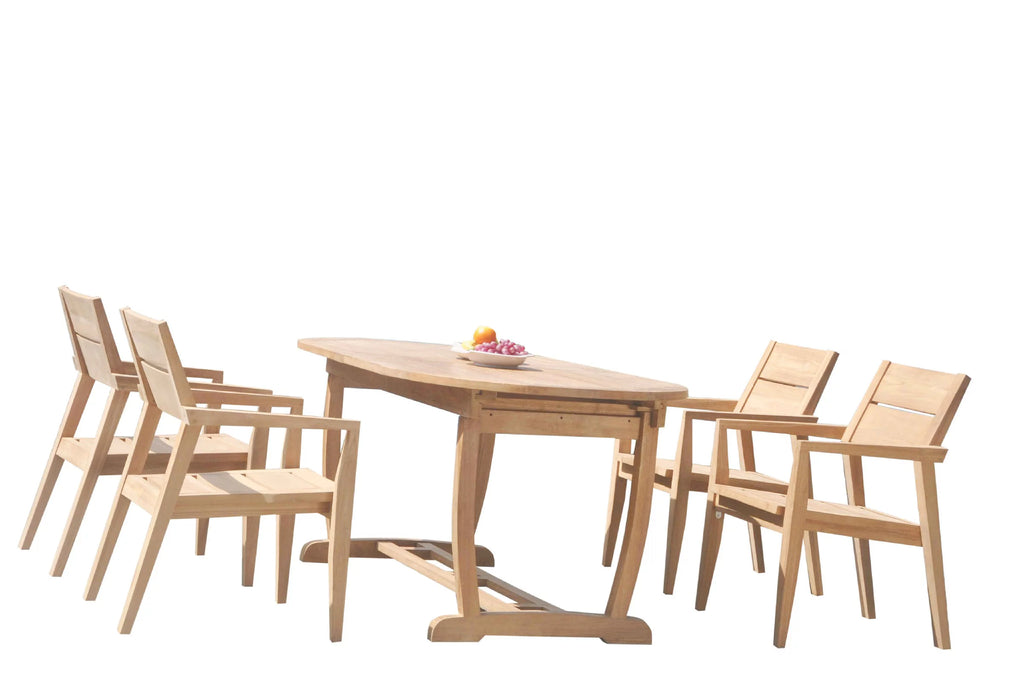 Grade-A Teak 5 Pc Dining Set with Oval Trestle Leg Table and 4 Stacking Arm Chairs V616570