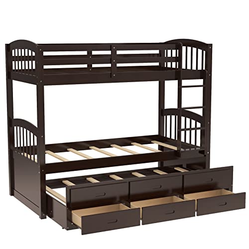 Twin Over Twin Wood Bunk Bed with Trundle and Storage Drawers R102