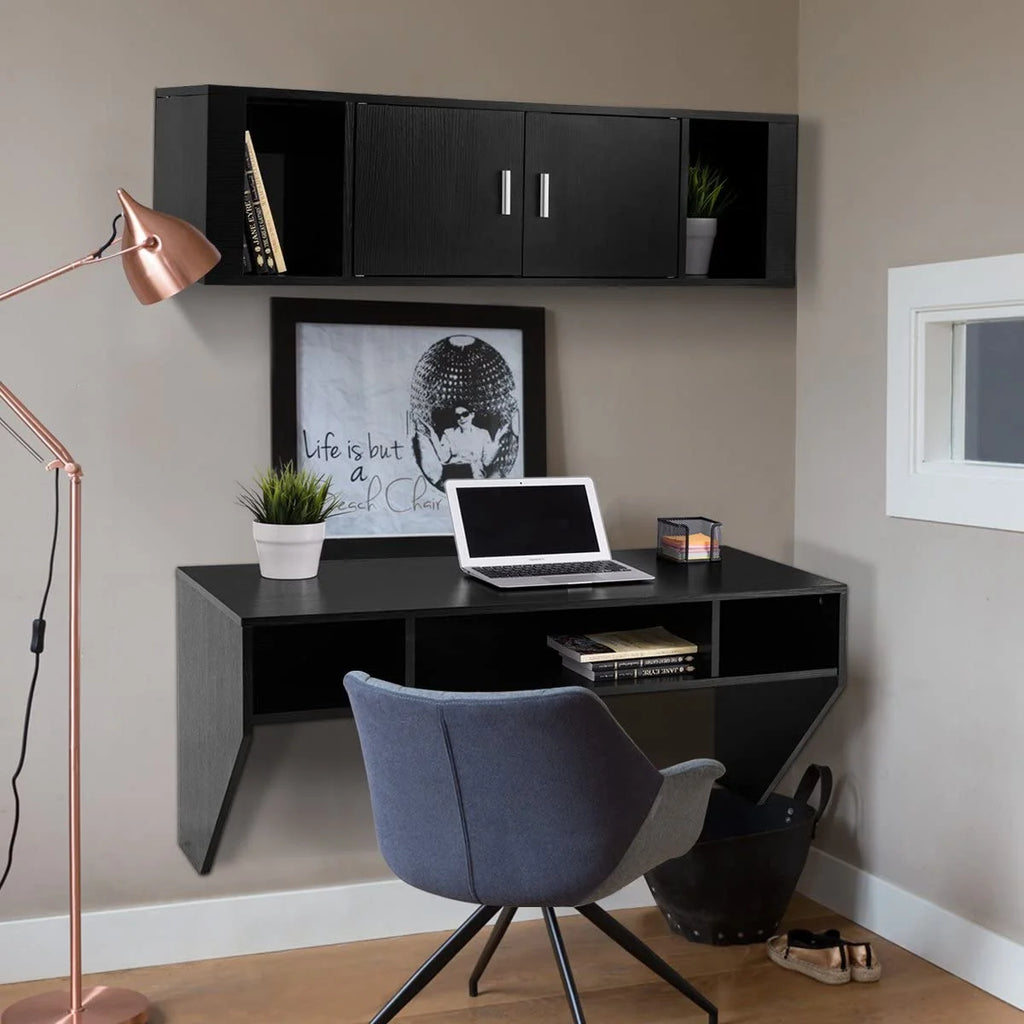 Wall Mounted Floating Computer Desk with Shelves Black X38455