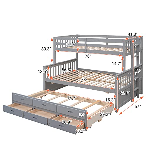 Twin Over Twin Wood Bunk Bed with Trundle and Storage Drawers R102