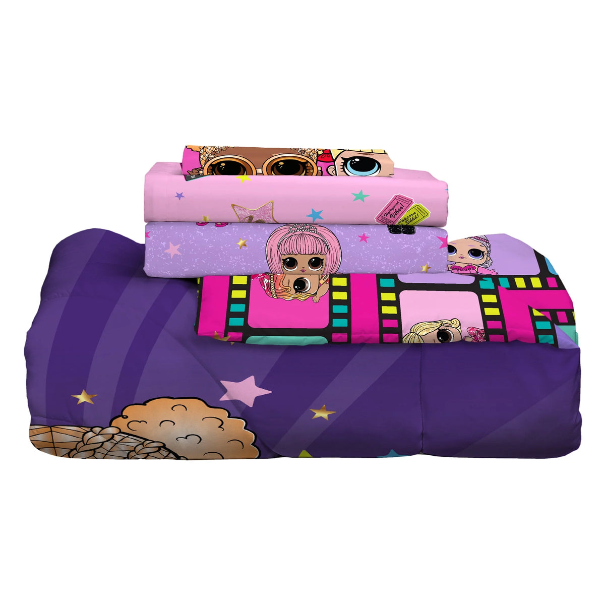 Kids Twin Bed in a Bag, Comforter and Sheets, Purple and Pink Y56080