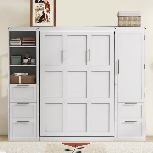 Queen Size White Murphy Bed with Drawers and Shelves P821