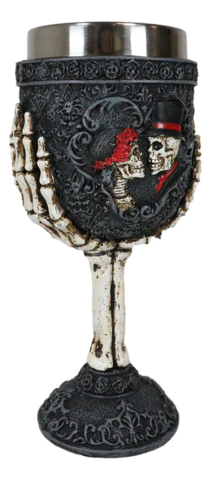 Gothic Day Of The Dead Skeleton Skull Bride And Groom Black Roses Wine Goblet C176482
