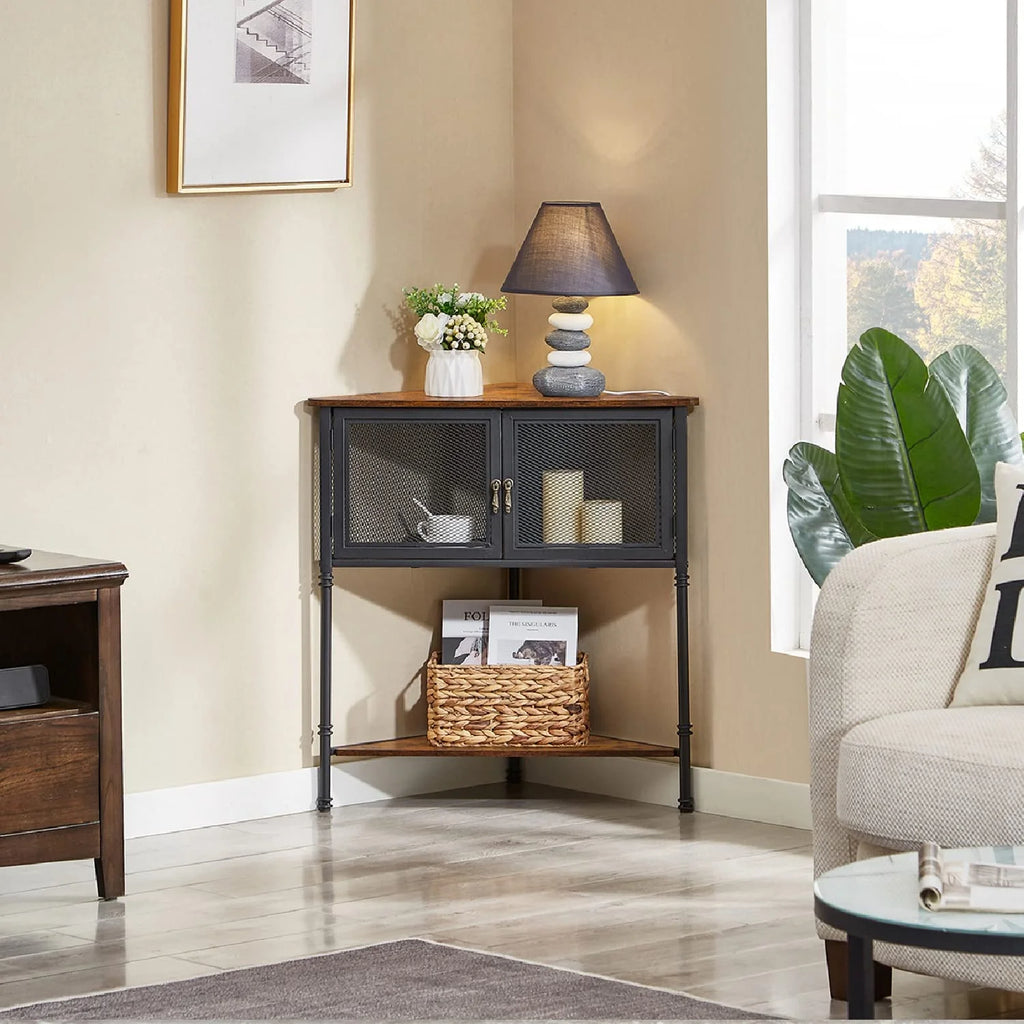 Brown 3-Tier Corner Shelf with Storage Cabinet A789568