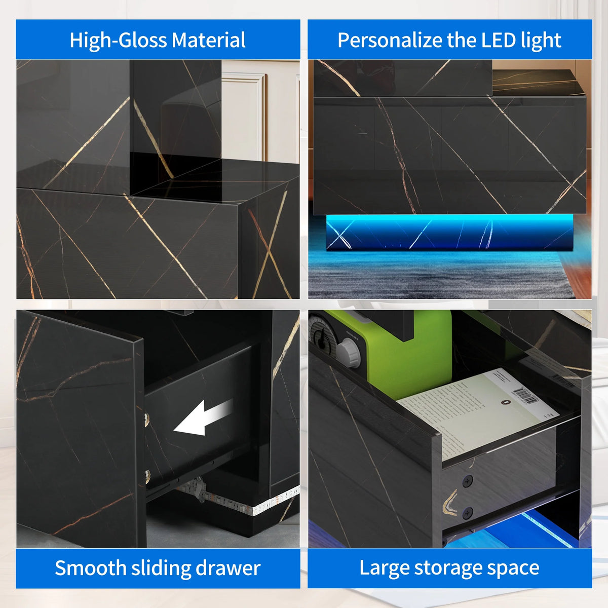 Set of 2 LED Nightstand with 2 Drawers S866