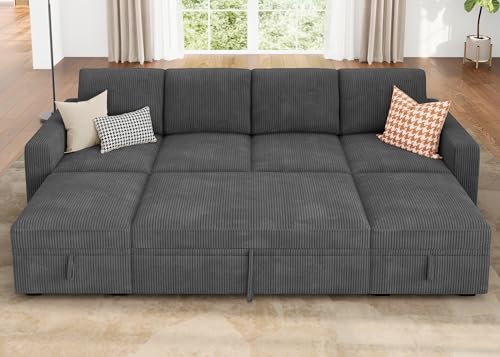 Dark Grey Corduroy L Shaped Sleeper Sofa with Pull Out Bed M174