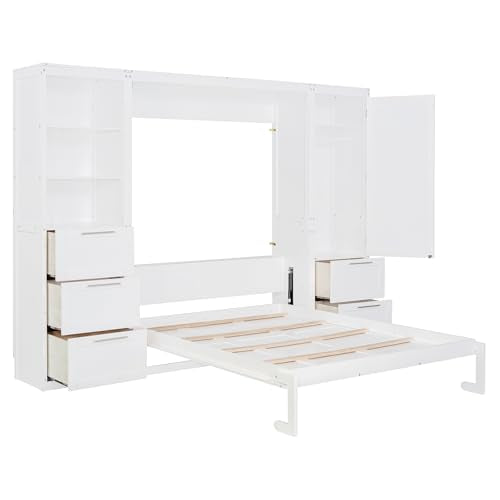 Queen Size White Murphy Bed with Drawers and Shelves P821