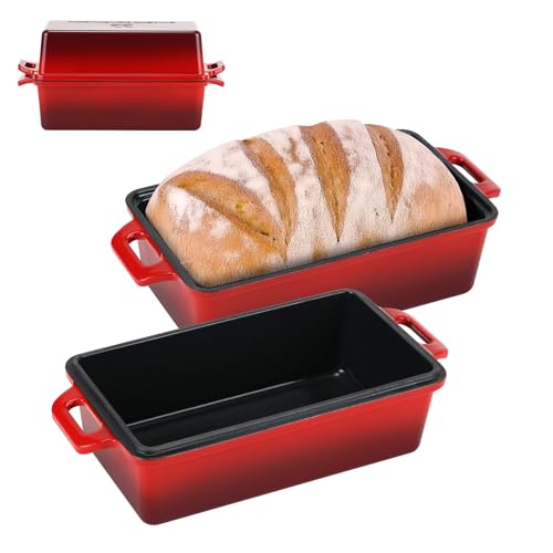 9x5 Inch Enameled Cast Iron Bread Loaf Pan with Lid, 2 Piece Set, Red J463147