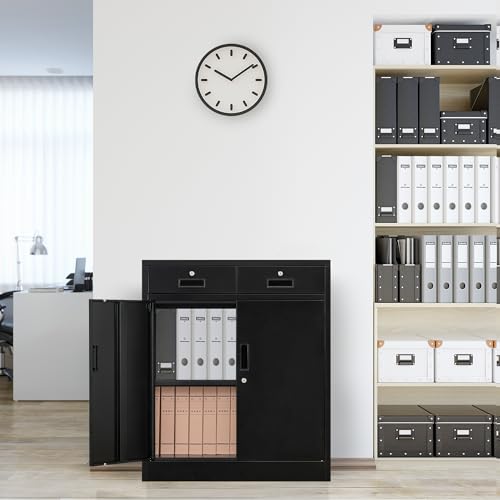 Black Steel Storage Cabinet with 2 Lockable Doors and 2 Adjustable Shelves B6472