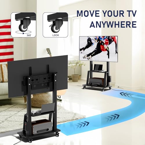 Black Rolling TV Stand with Power Outlet, Height Adjustable for 32-75 inch TV S6619