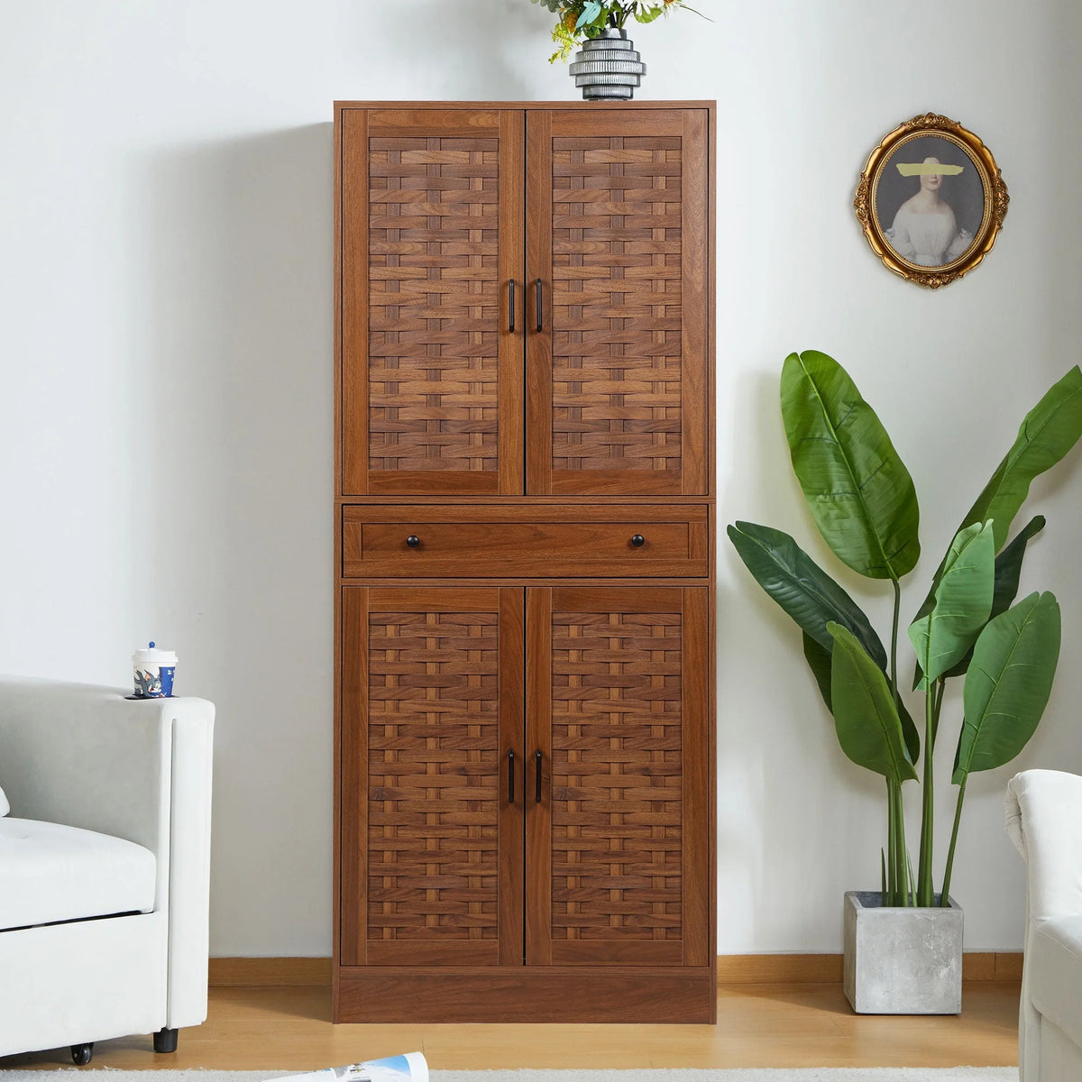 Walnut Storage Cabinet with 4 Doors and a Drawer L830303