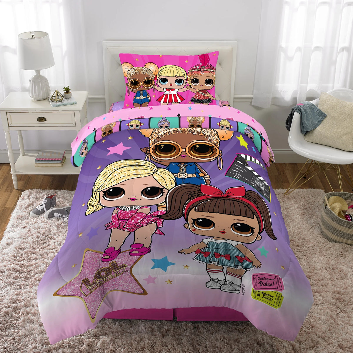 Kids Twin Bed in a Bag, Comforter and Sheets, Purple and Pink Y56080