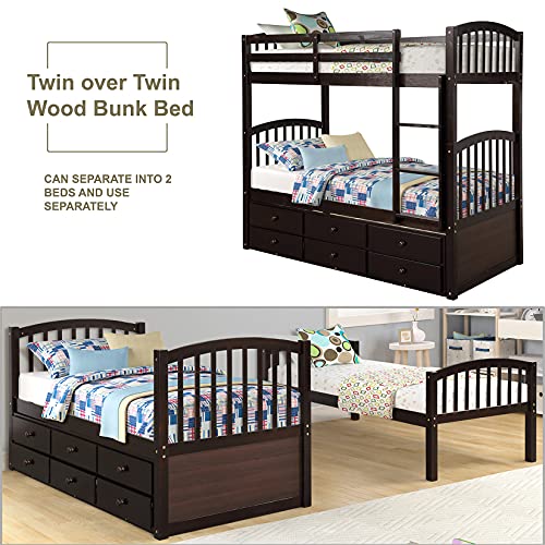 Twin Over Twin Wood Bunk Bed with Trundle and Storage Drawers R102