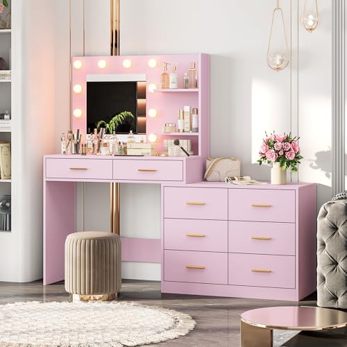 Black Vanity Desk with Mirror and Lights, 8 Storage Drawers U307