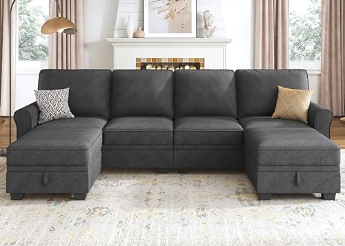 Light Grey U Shaped Sectional Sofa with Storage Seat W66378