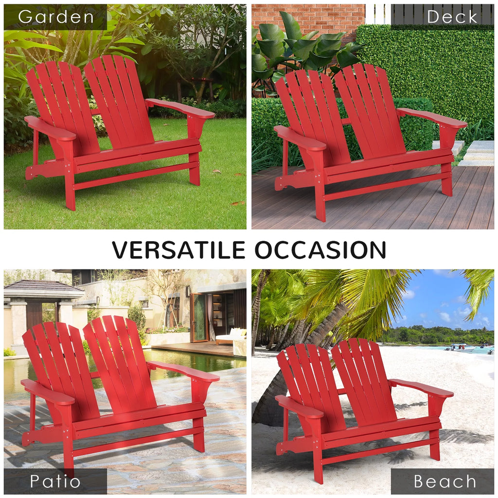 2 Person Wooden Adirondack Loveseat with High-back, Wide Armrests, Red L95229