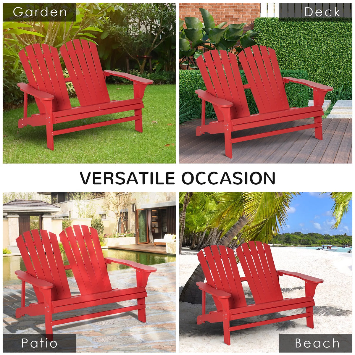 2 Person Wooden Adirondack Loveseat with High-back, Wide Armrests, Red L95229