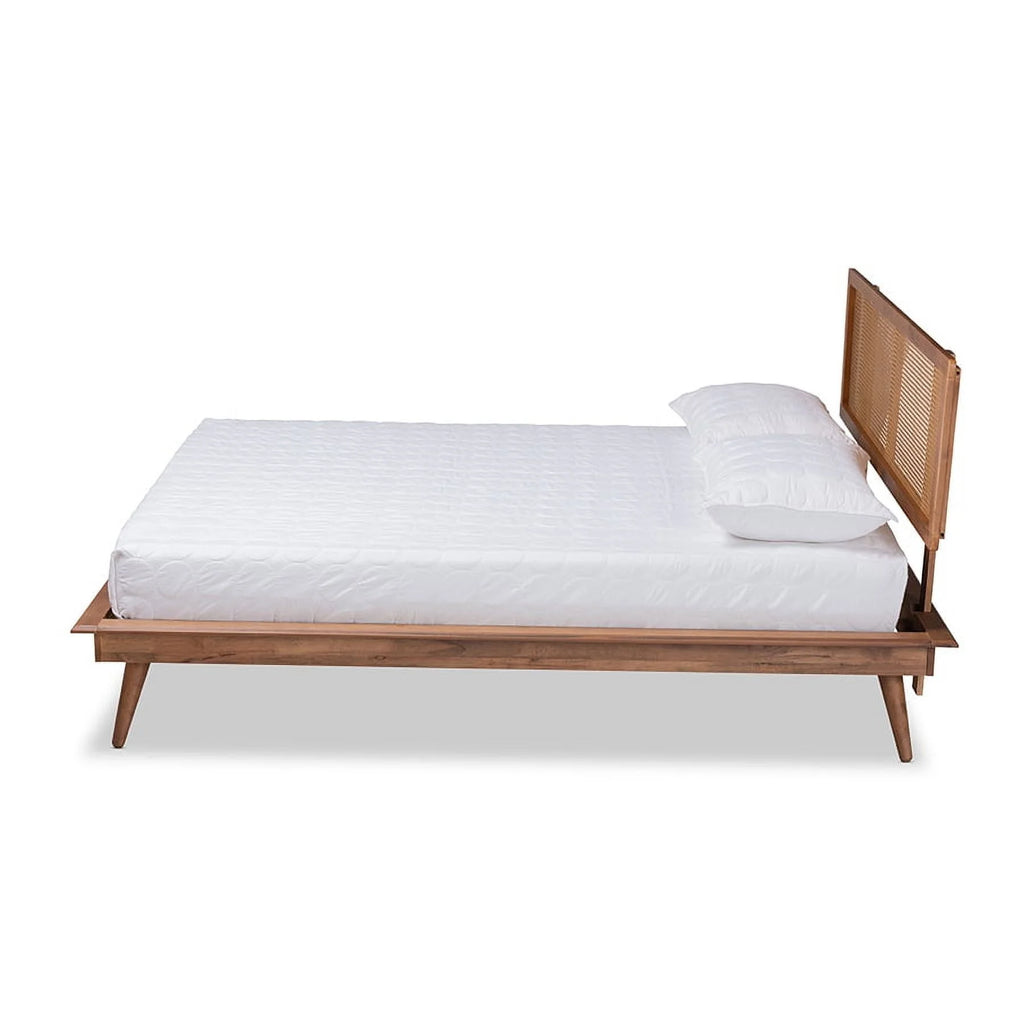 Walnut Brown Wood and Synthetic Rattan Full Size Platform Bed L115
