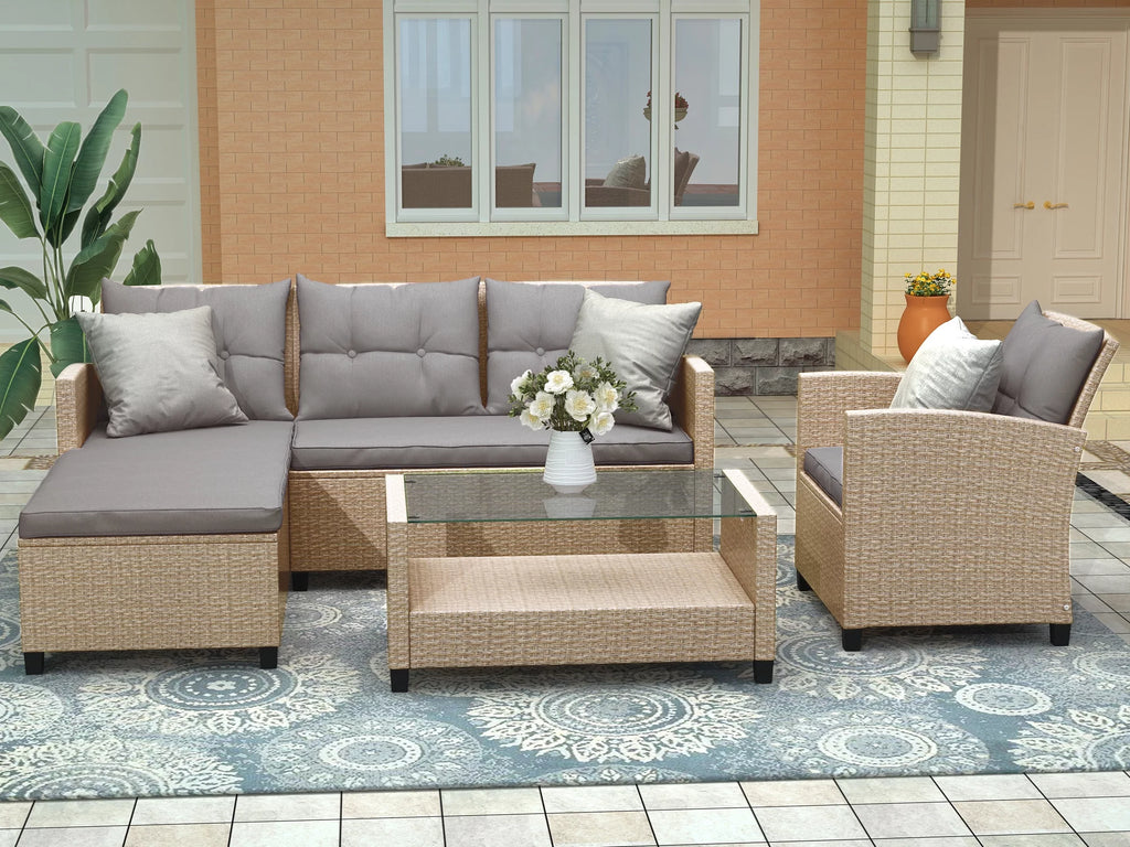 4 Piece All-Weather Wicker Patio Sectional Sofa Set with Cushions I829066