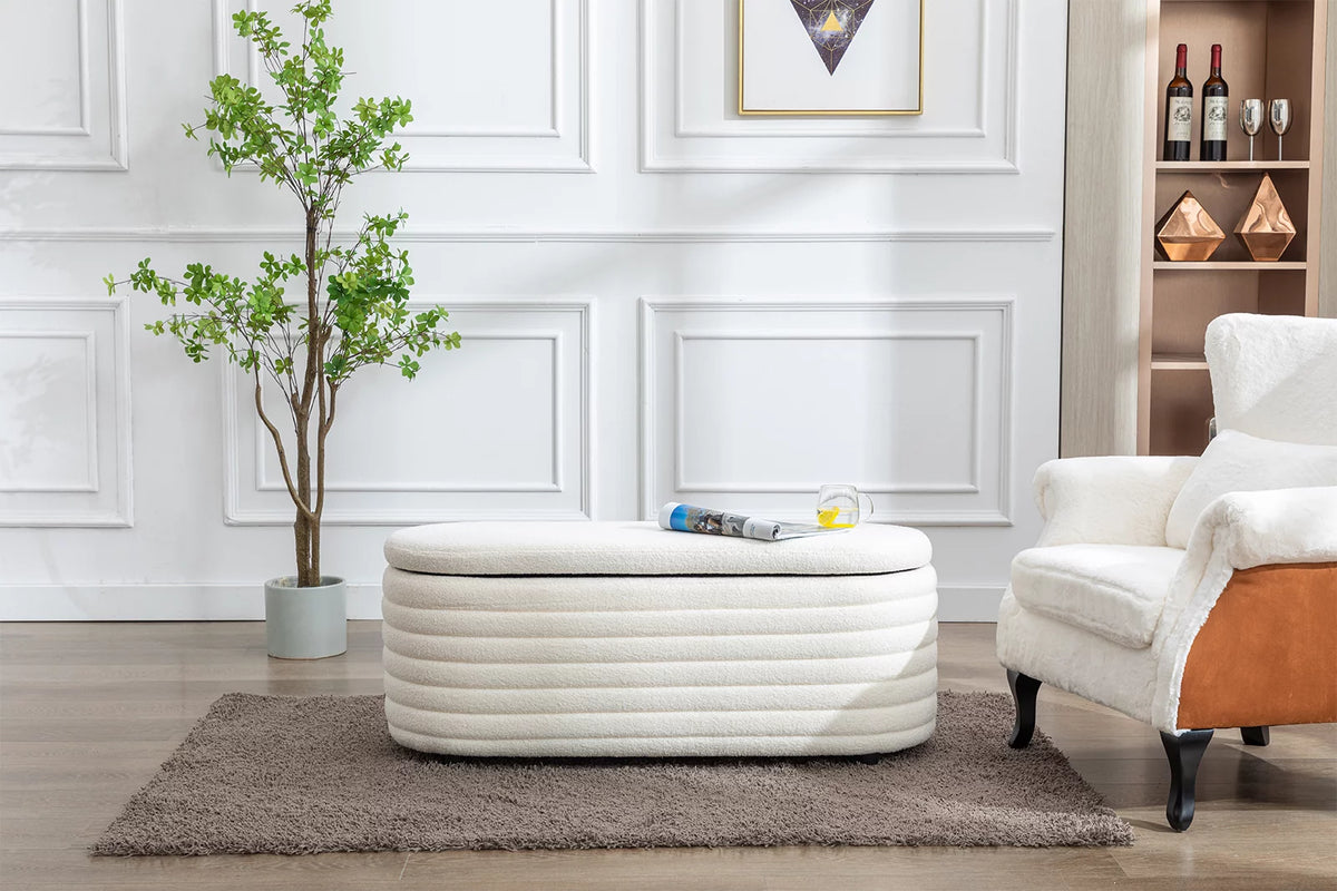 White Upholstered Faux Fur Storage Ottoman Bench G348532
