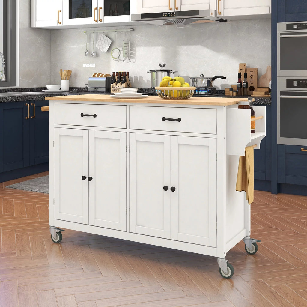 2-Drawer Rolling Kitchen Island Cart with Solid Wood Top & Door Cabinets Mint Green Y654