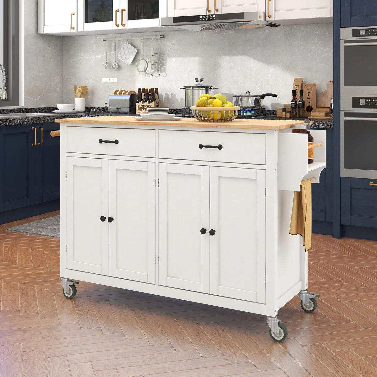 2-Drawer Rolling Kitchen Island Cart with Solid Wood Top & Door Cabinets Mint Green Y654