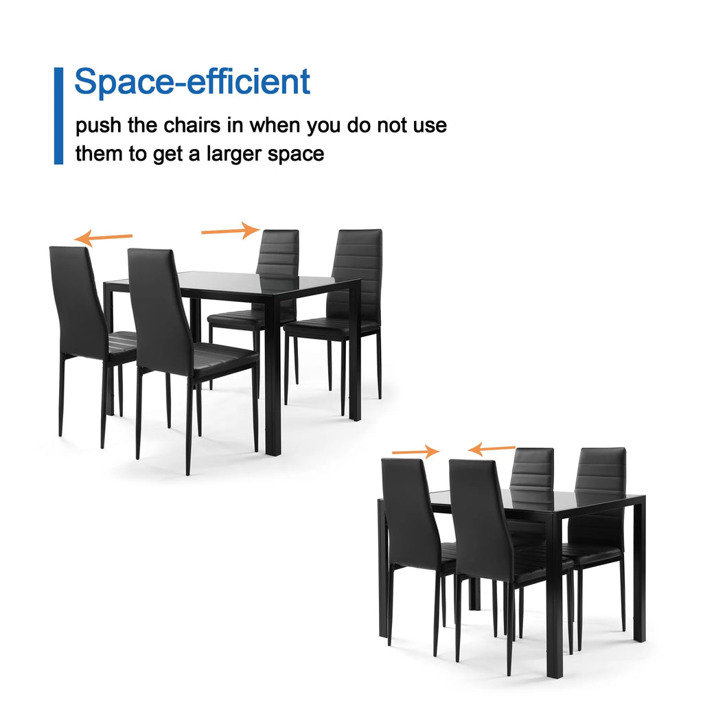 5 Pieces Tempered Glass Dining Table Set with 4 Faux Leather Chairs Black V549726