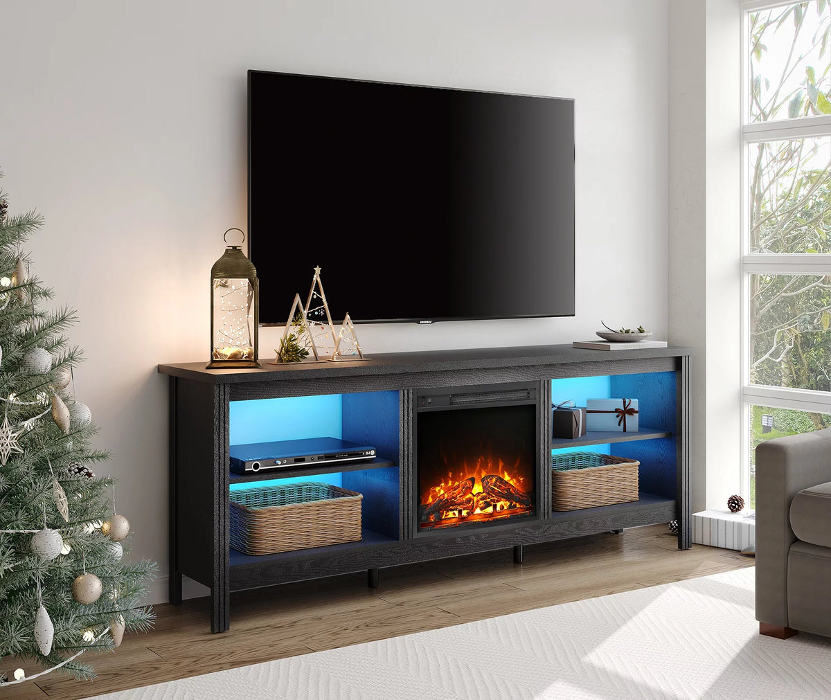 Black 70 inch Fireplace TV Stand L175