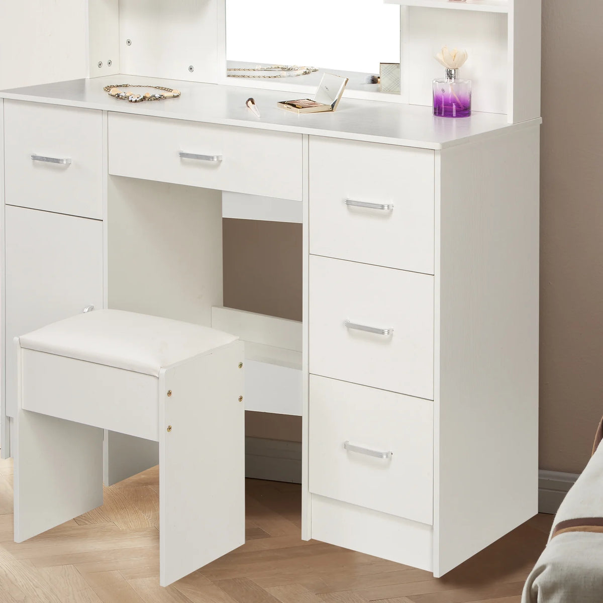 White Makeup Vanity Set with Mirror and Lights K626883