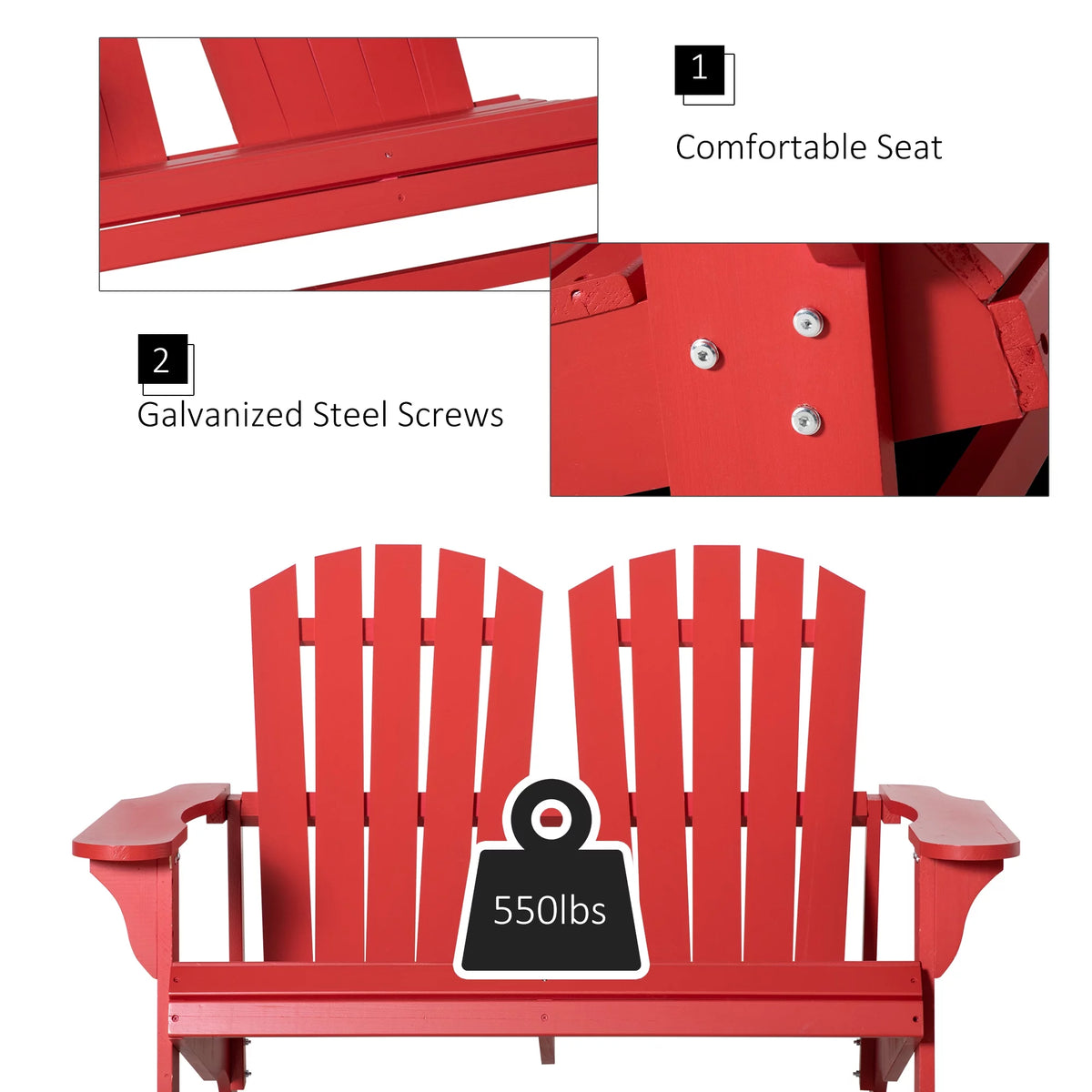 2 Person Wooden Adirondack Loveseat with High-back, Wide Armrests, Red L95229