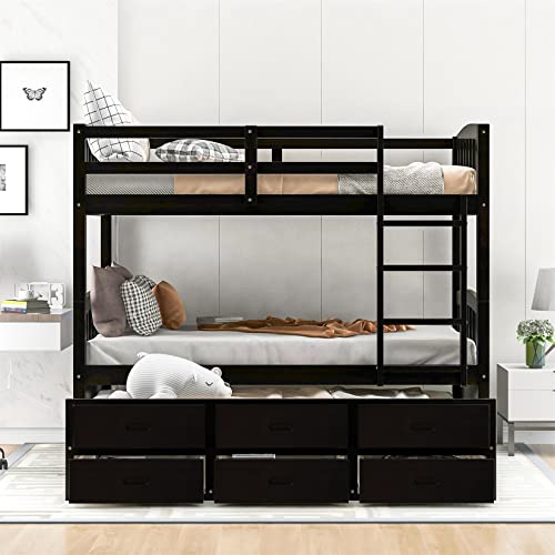 Twin Over Twin Wood Bunk Bed with Trundle and Storage Drawers R102